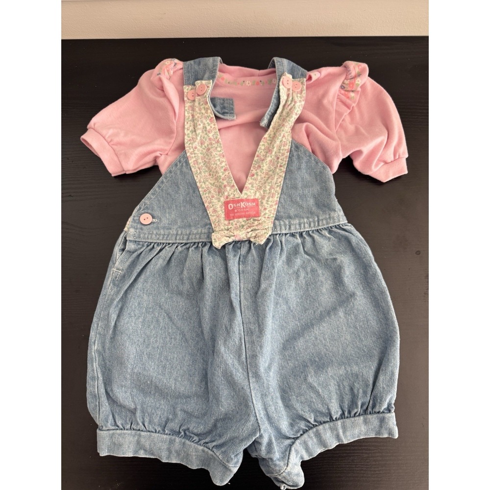 Vintage OshKosh B'Gosh Vestbak Denim Bubble Overalls Floral Trim Baby 4T Shirt